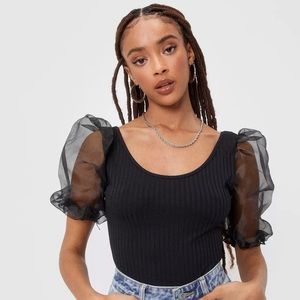 NASTY GAL RIBBED ORGANZA SHORT SLEEVE BODYSUIT